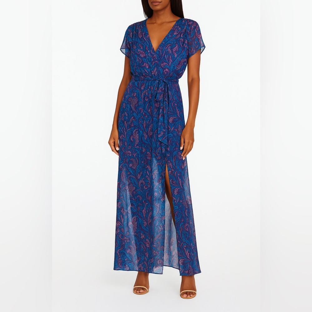 Ramy Brook Blue Wrap Maxi Dress with Flutter Sleeves